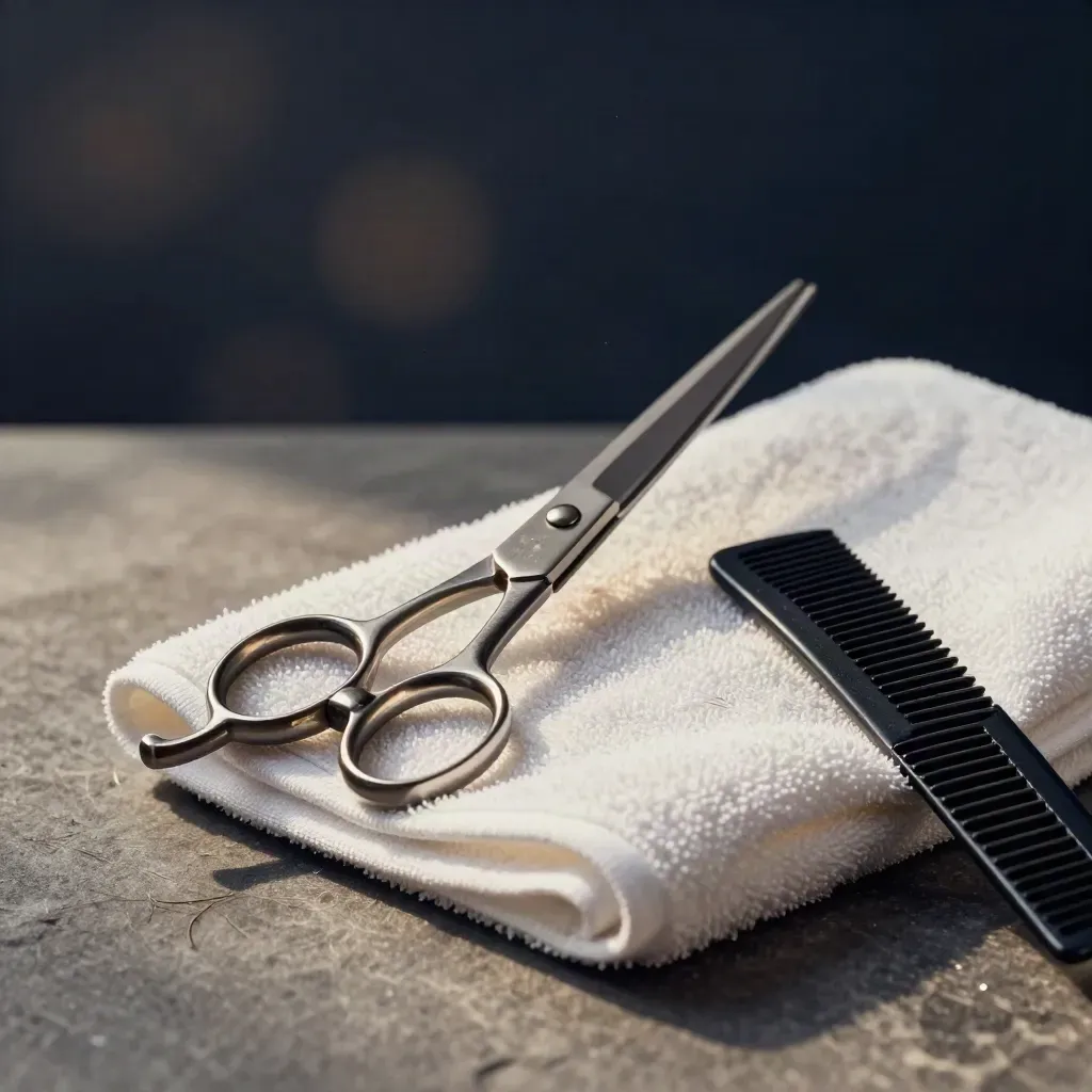 Salon scissors, comb, and folded towel on stone with warm studio bokeh.