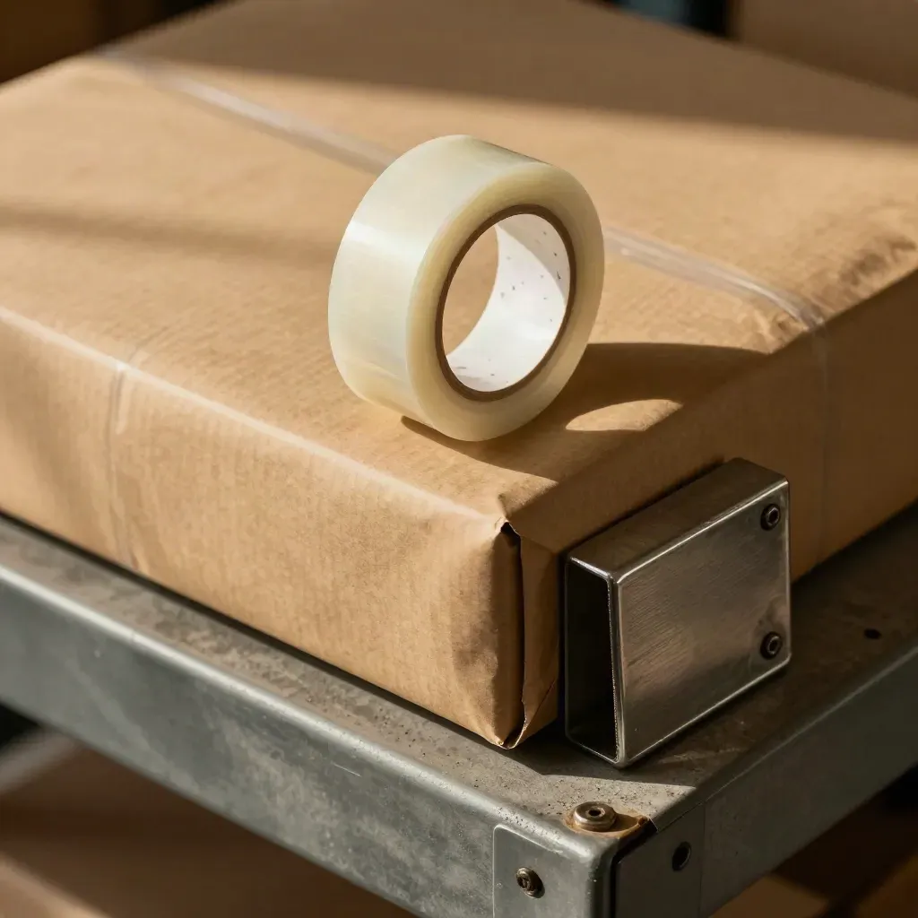 Kraft mailer, packing tape roll, and metal parcel weight on a concrete packing shelf.