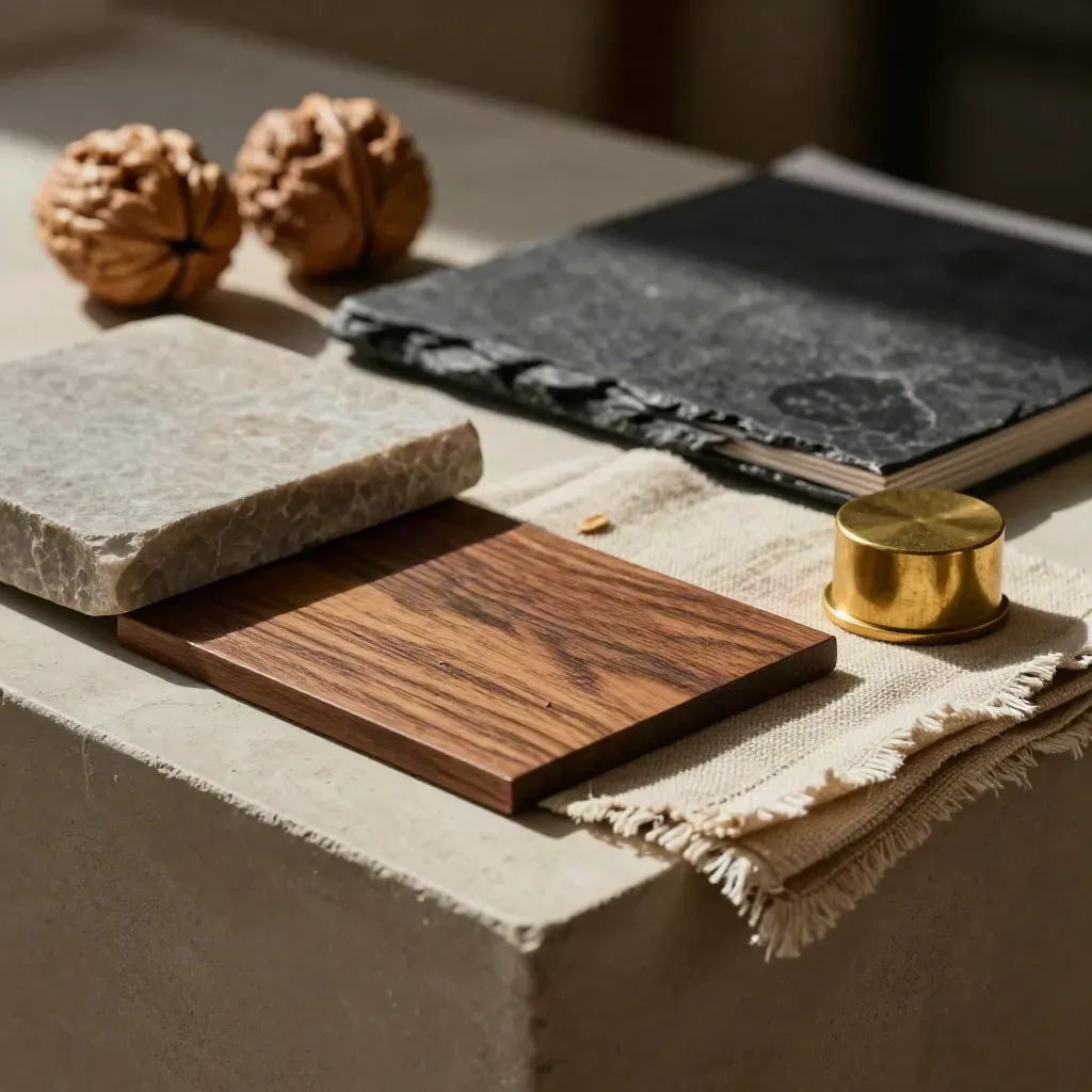 Stone, walnut, linen samples with a closed portfolio and brass paperweight on a warm stone shelf.
