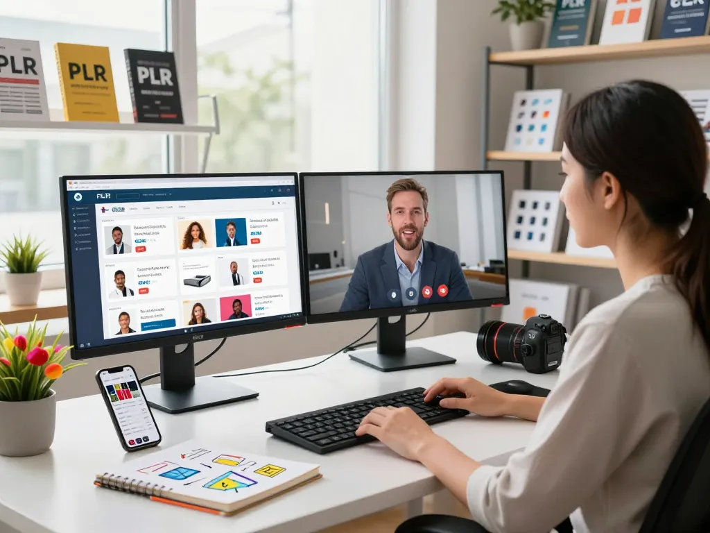 Buy PLR Products Online in a modern e-commerce workspace with sales displays and digital marketing tools.