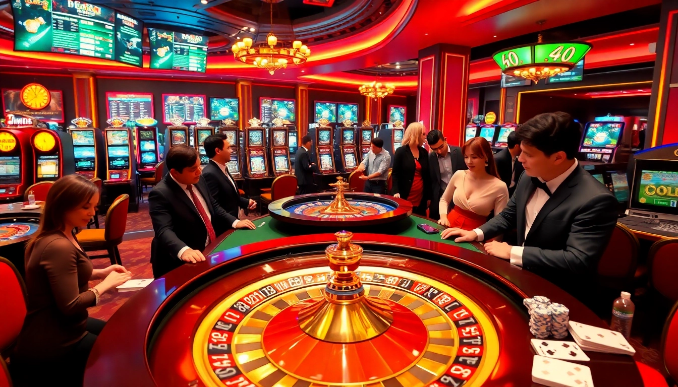 Joueurs engagés dans un luxueux casino en ligne français avec une roulette et des machines à sous.
