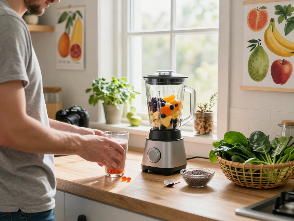 Preparing a smoothie with astaxanthin softgels in a bright kitchen, promoting health.