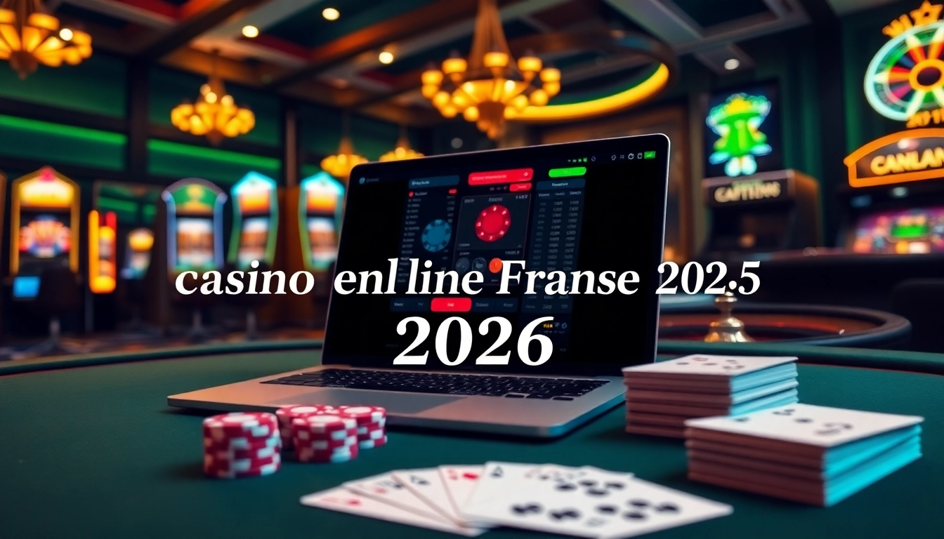 Scène de casino dynamique mettant en avant l'excitation du casino en ligne Français 2026 avec des interfaces de jeu modernes et des éléments classiques.