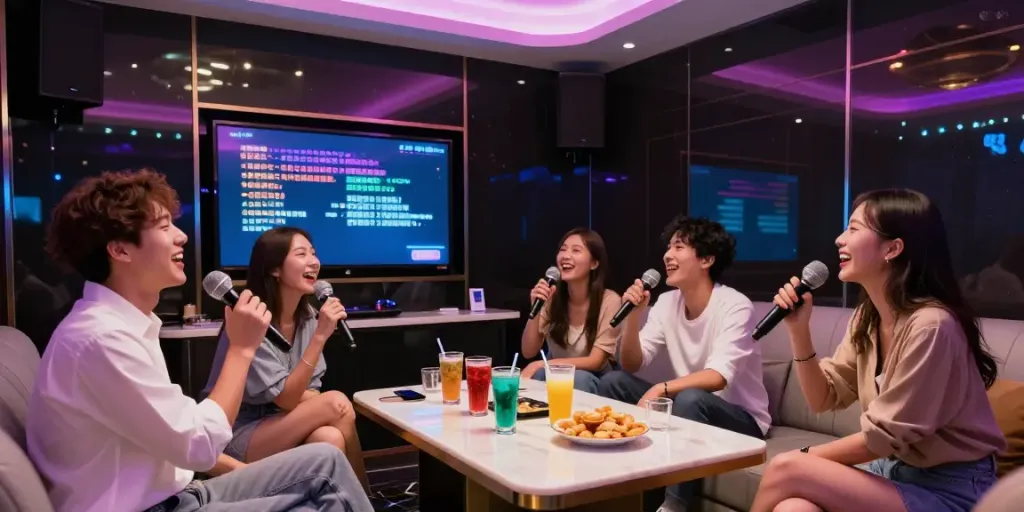 달토 가라오케에서 친구들이 즐겁게 노래하는 모습