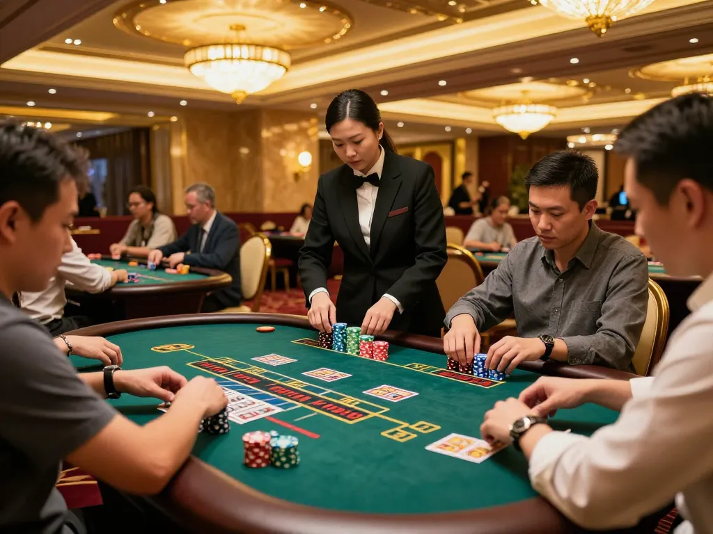 Scene permainan Toto Macau dengan pemain yang fokus pada kartu mereka dan chip berwarna-warni dalam suasana kasino yang hidup.