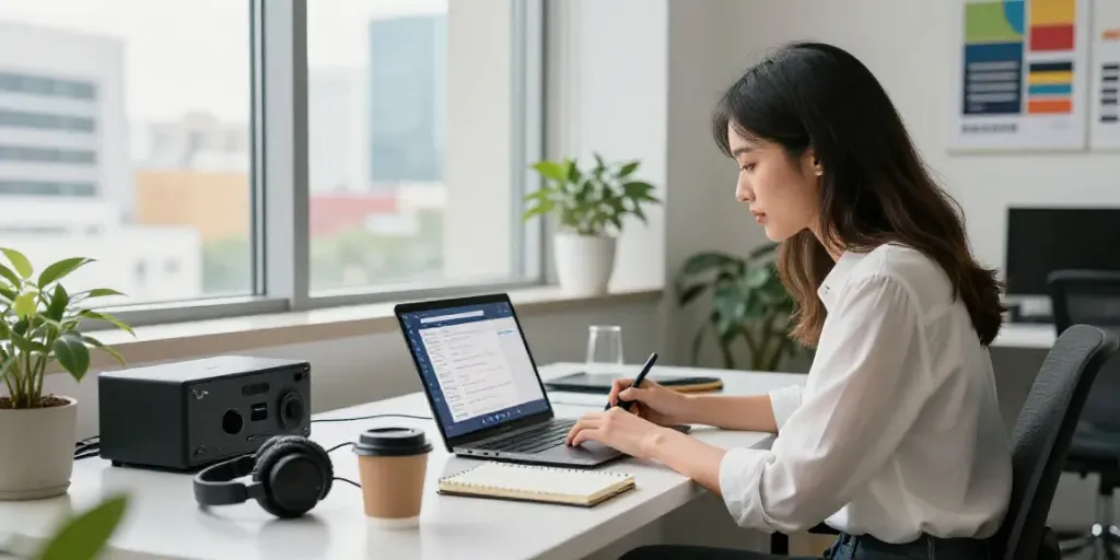 Professional woman using an affordable AI audio to text converter in a bright office.