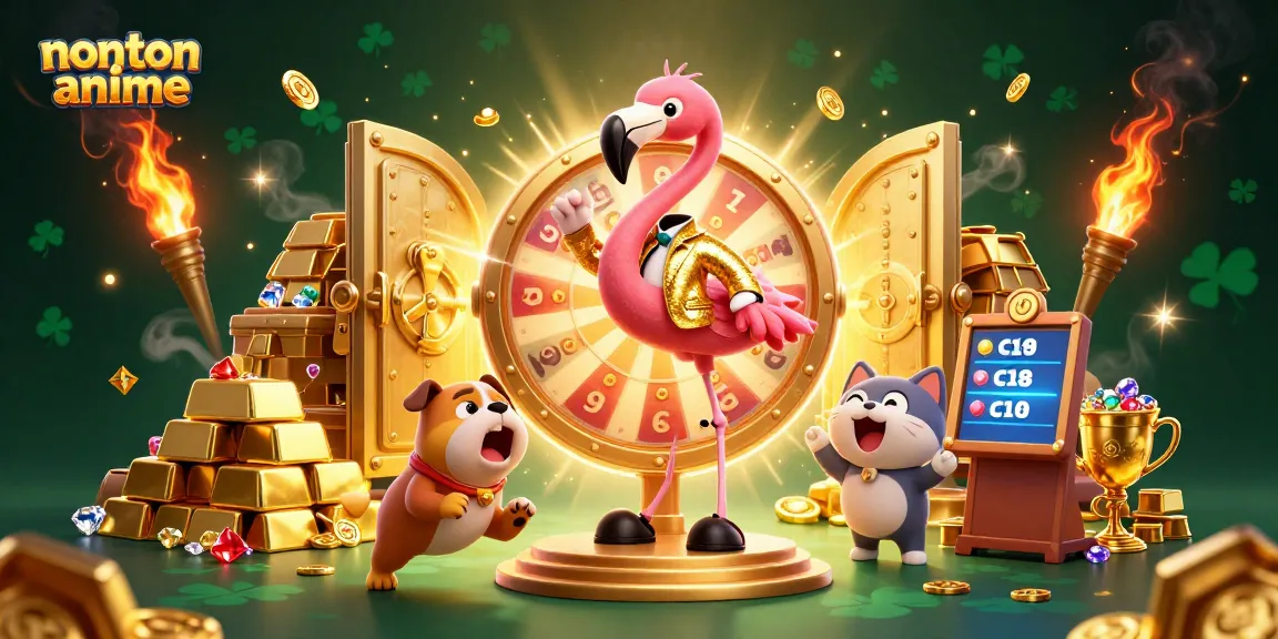 Experience nonton anime excitement with vibrant gambling elements, showcasing a prize wheel and animated characters.