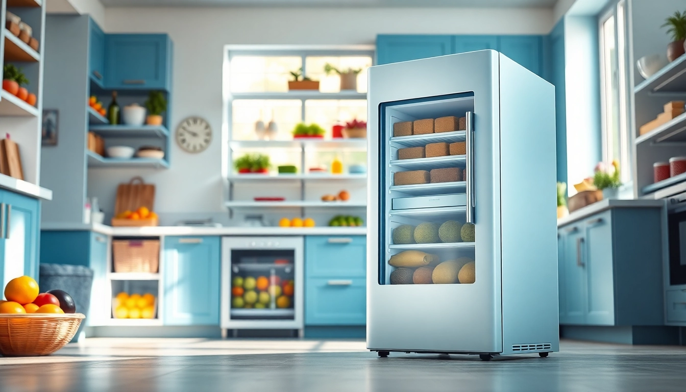 Freezer showcased prominently in a modern kitchen setting, emphasizing sleek design and storage.
