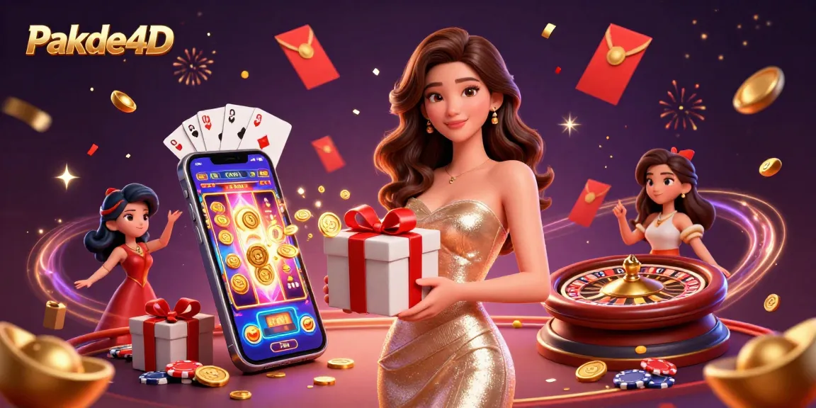 Pakde4D presents a festive casino celebration with a beautiful woman in a gold dress, surrounded by gaming symbols.