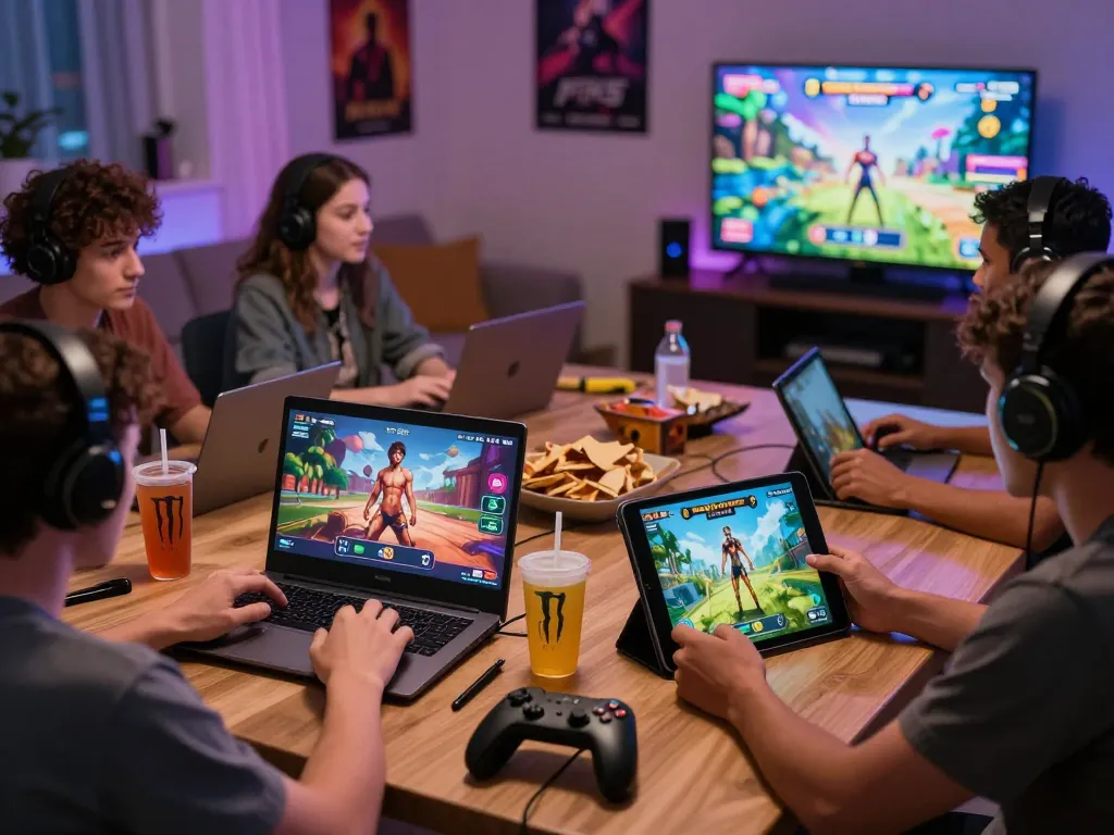 Players immersed in different real porn games in a cozy gaming setup, showcasing diverse genres and devices.