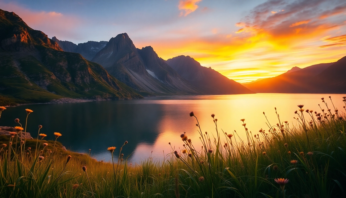 Stunning landscapes featuring a tranquil lake reflecting mountains during sunset.