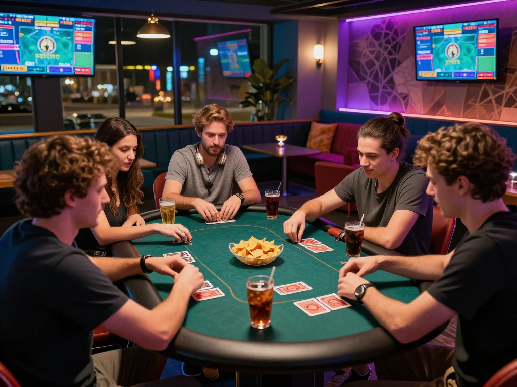 Vibrant gambling scene featuring friends enjoying rokok88 login experience in a modern gaming lounge.