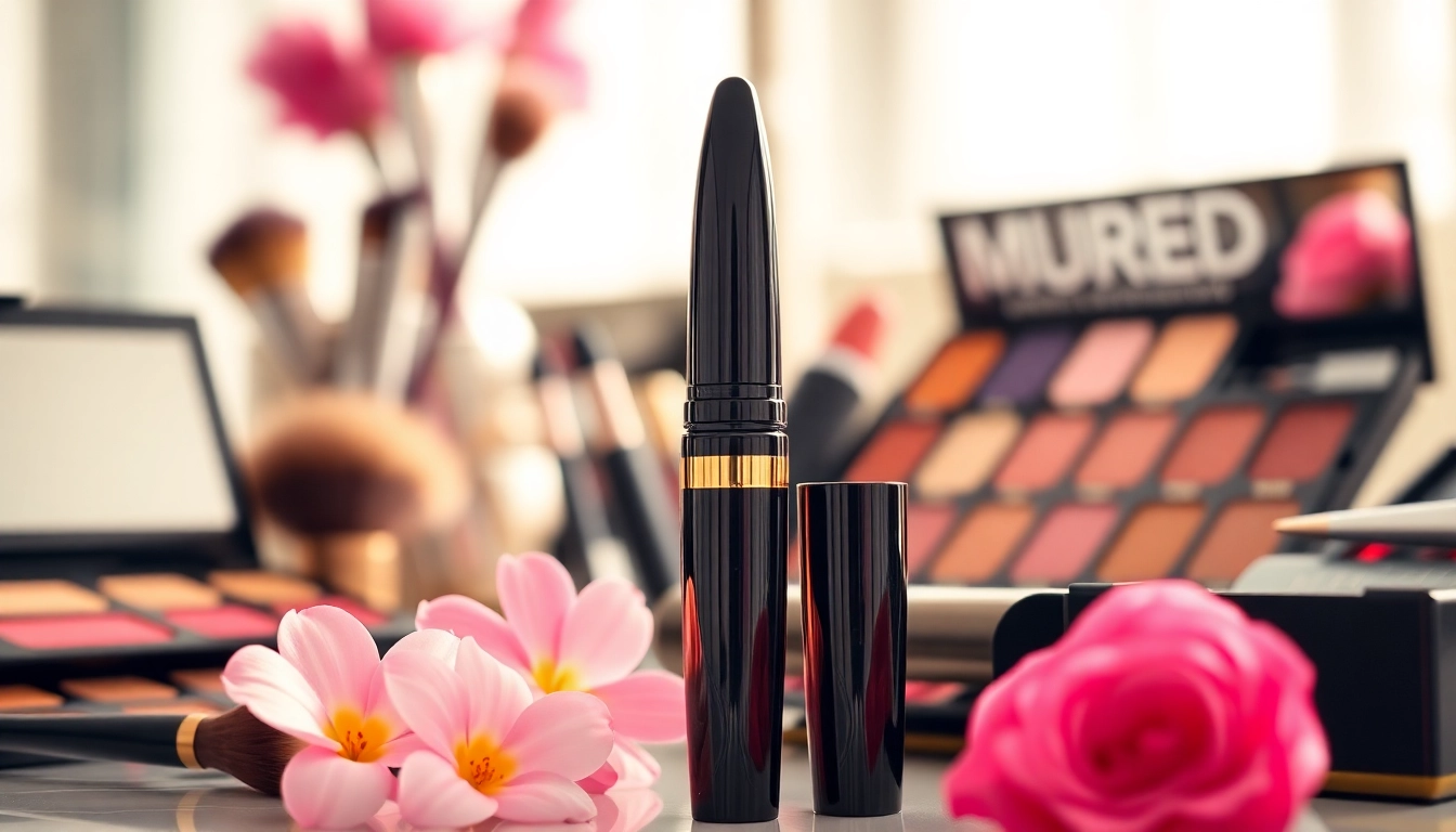 Showcase of luxe waterproof mascara on a styled vanity surrounded by makeup tools and flowers.