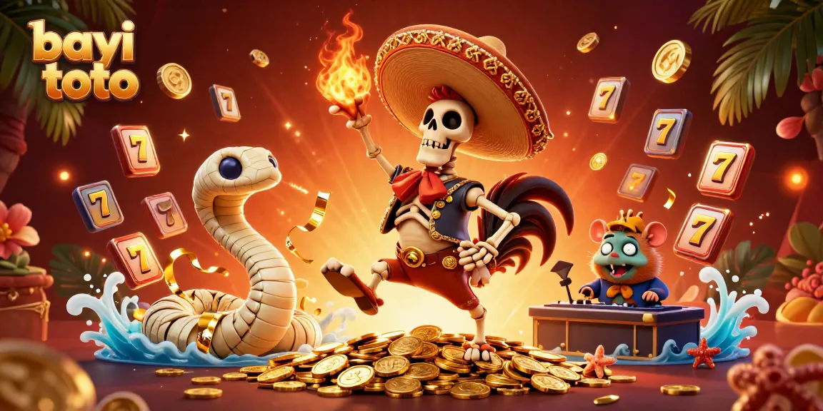 Bayi toto celebrates with a jubilant mariachi rooster amid vibrant slot reels and golden coins.