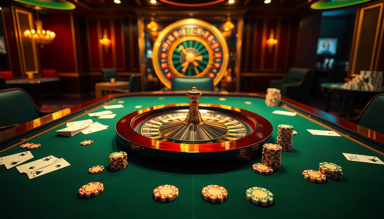 Scène excitante d'un casino en ligne Français 2026 avec une table de poker, une roue de roulette et des jetons vibrants.
