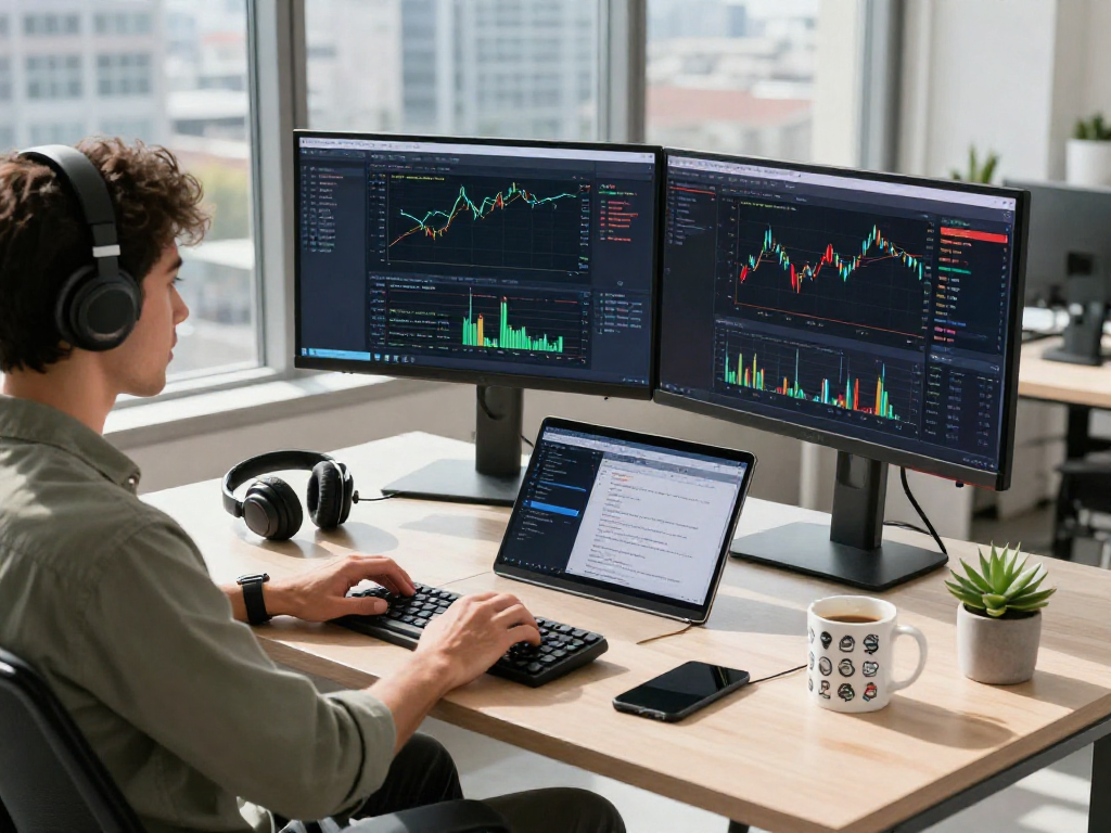 Developer coding market data using Germany stock WebSocket API in a vibrant office.