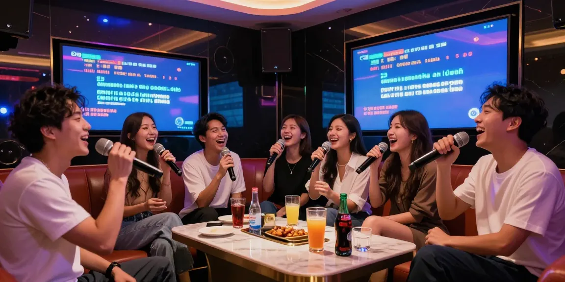 Friends enjoying a fun night at 강남 달토 가라오케, singing with a vibrant atmosphere and luxurious facilities.