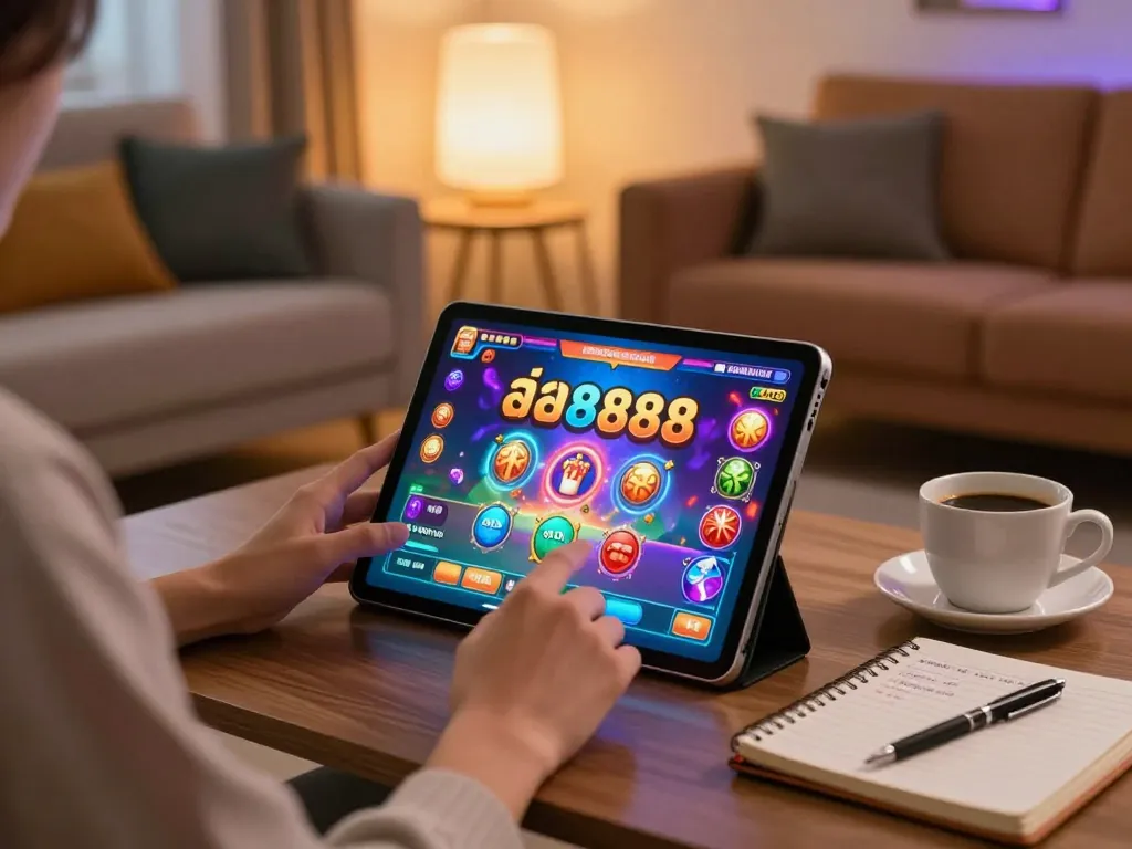Play สล็อต888 on tablet in a cozy living room with warm lighting and strategy notes.