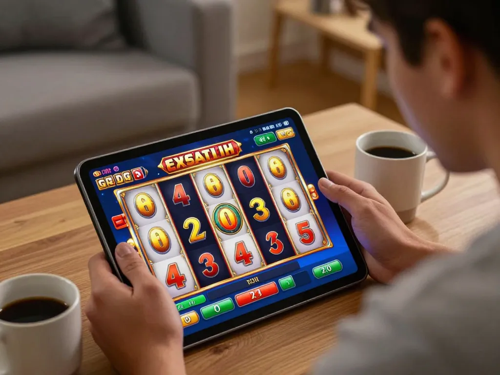 Engaging in a thrilling slot gacor game on a tablet during a cozy home session.