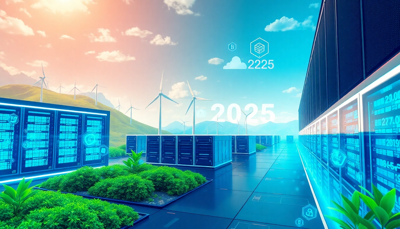 Crypto cloud mining technology in a modern, eco-friendly setting showcasing renewable energy sources.