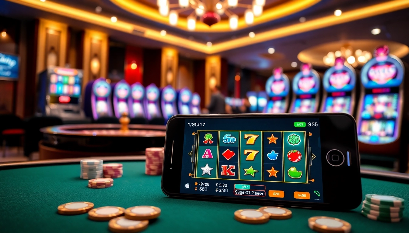 Engaging slot scatter hitam gameplay on a smartphone screen amidst a vibrant casino backdrop.