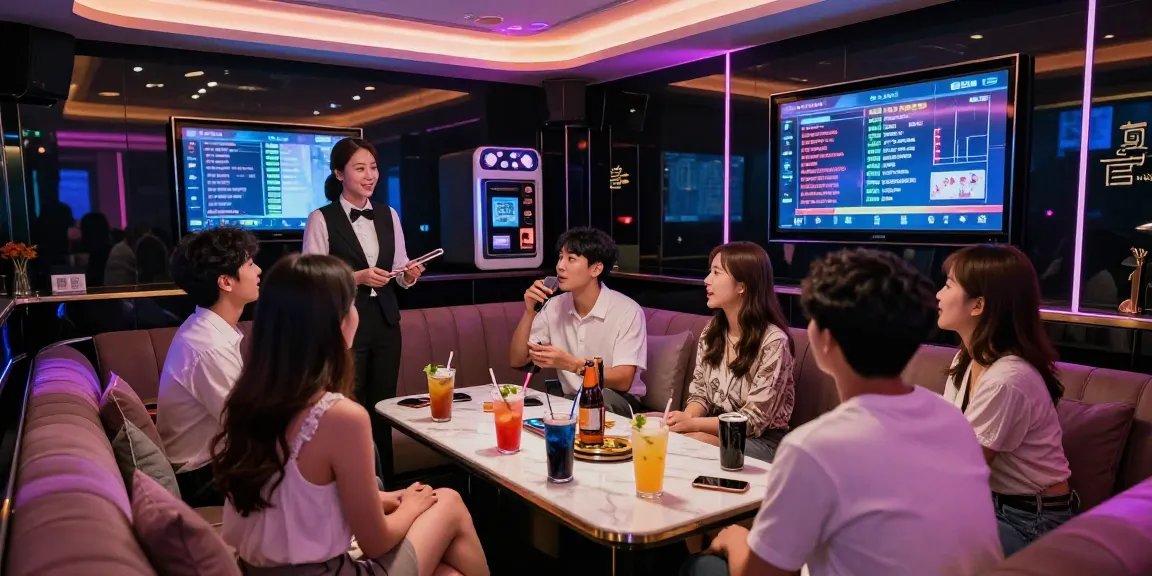 Experience the vibrant atmosphere of 강남가라오케 with friends enjoying drinks and karaoke in a luxurious private room.