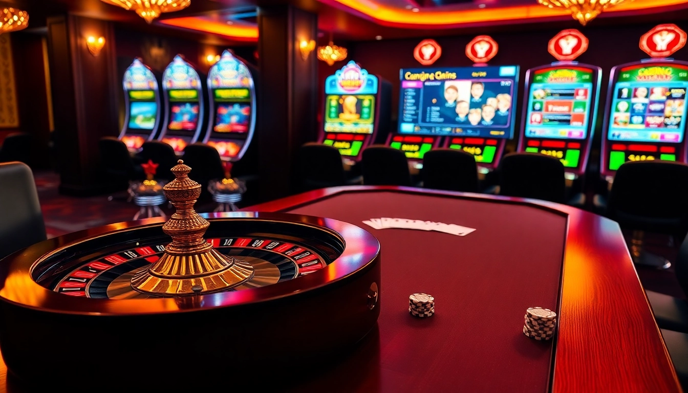 Une scène vibrante de casino en ligne Français 2026 mettant en vedette une roulette, des jetons de poker et des interfaces de jeux en ligne passionnantes.