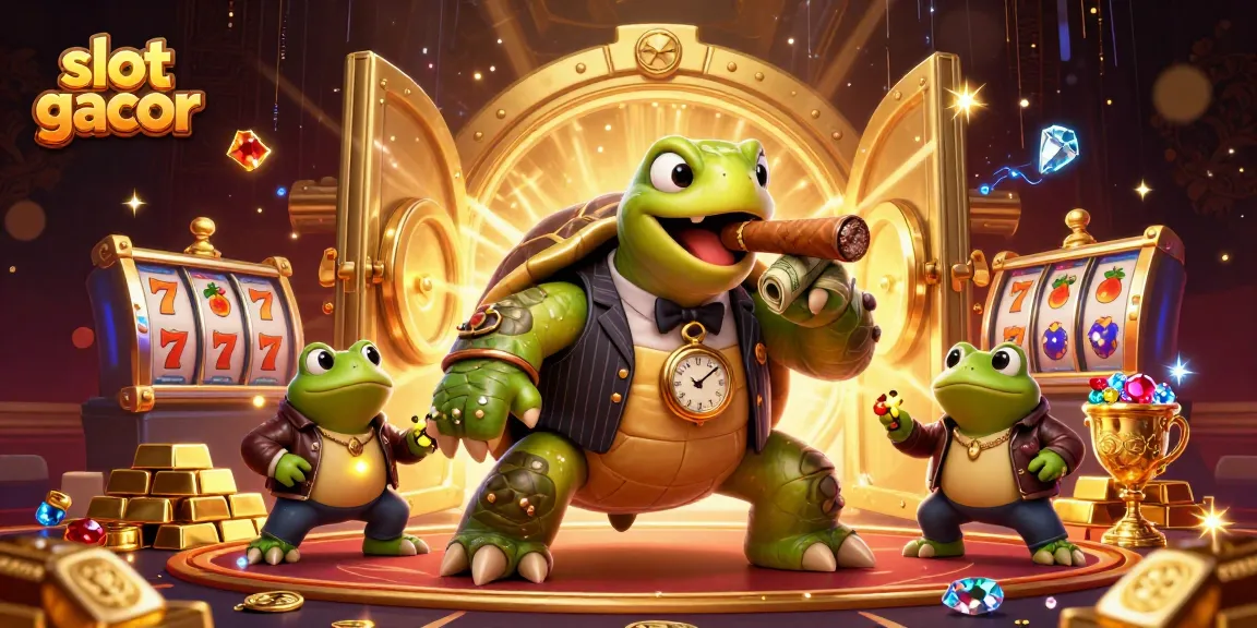 Slot gacor menampilkan penyu raksasa dan dua katak di kasino dengan harta melimpah dalam ilustrasi 3D