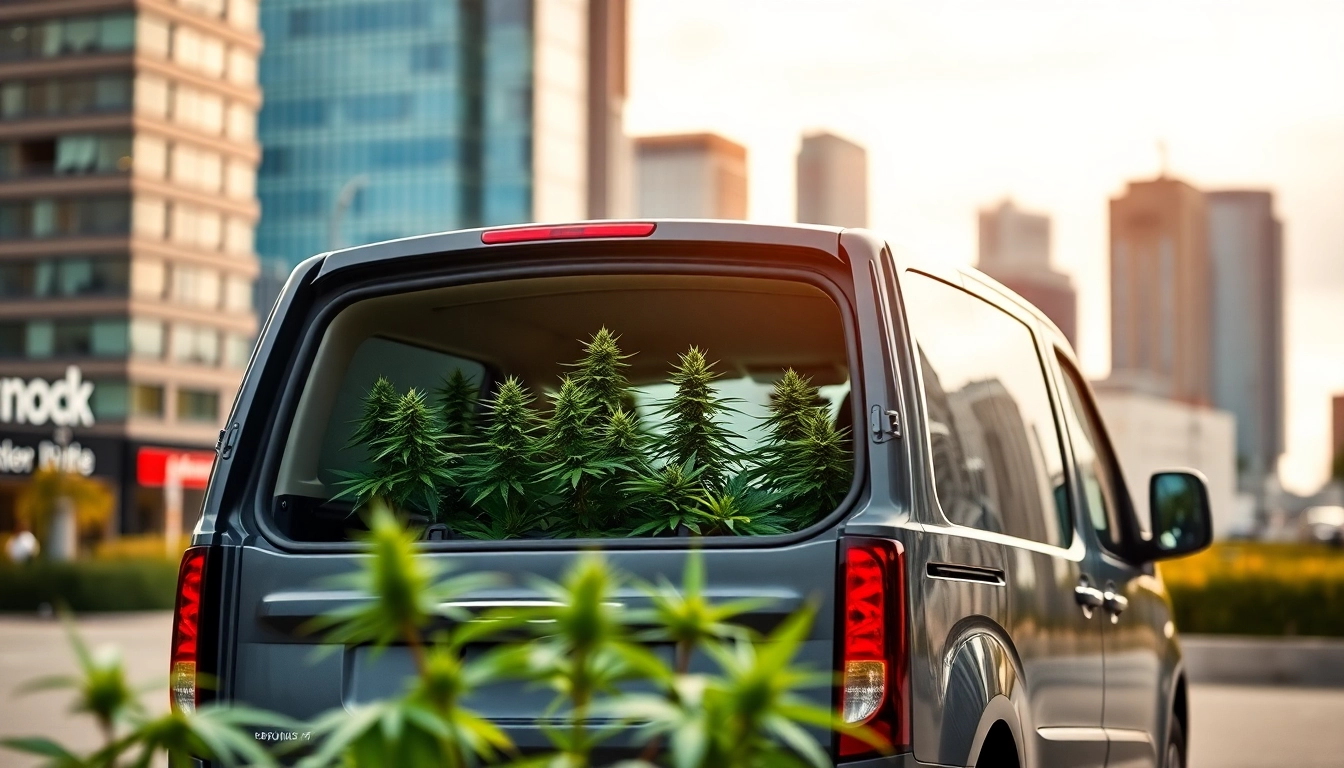 Experience fast 24/7 weed delivery halifax showcasing a cannabis delivery vehicle against a vibrant urban backdrop.
