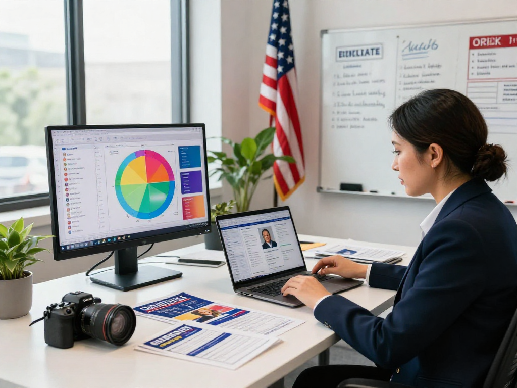 Engaging political influencer marketing strategy session with data-driven analysis in a campaign office.
