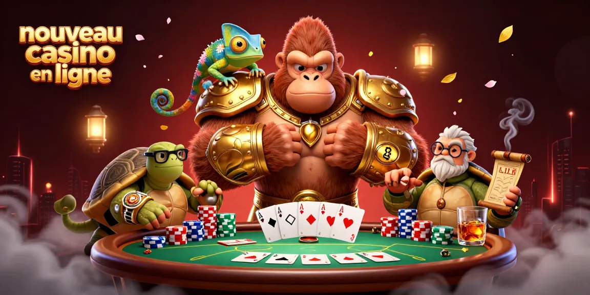 Découvrez le nouveau casino en ligne avec le gorille puissant et ses compagnons jouant aux cartes.