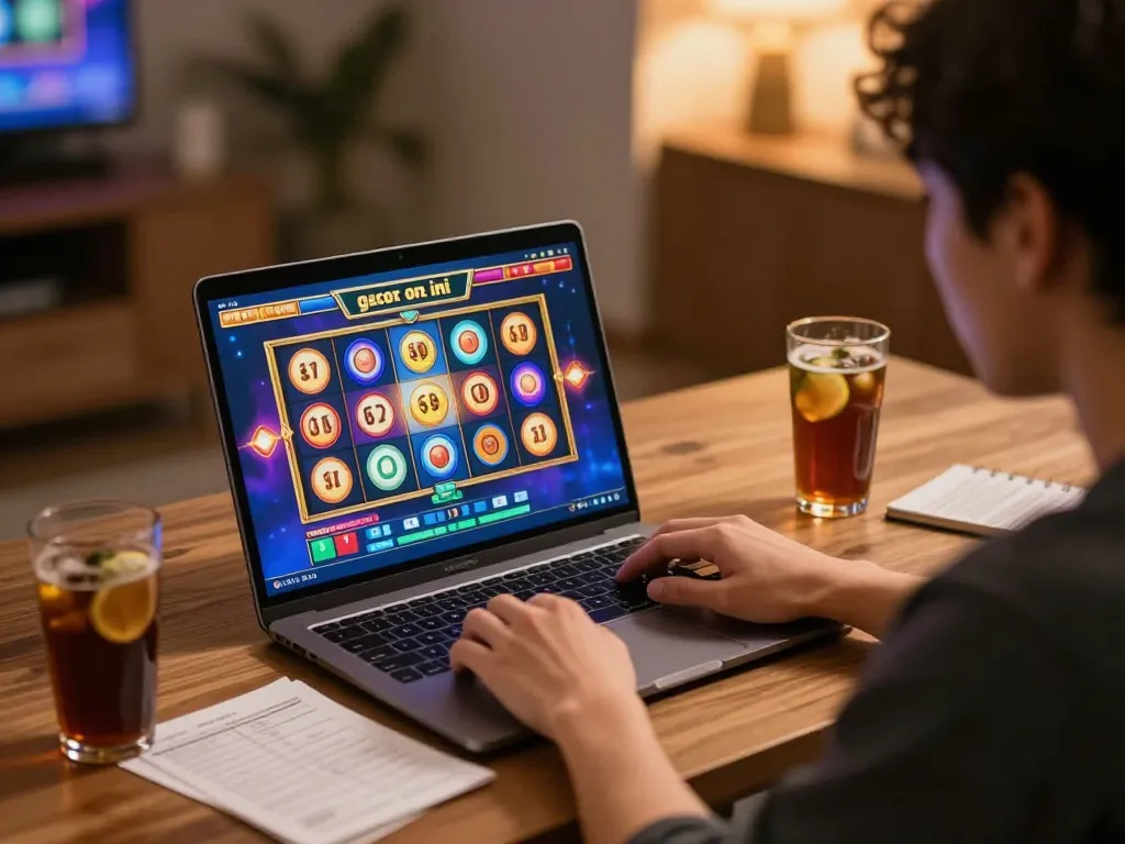 Playing slot gacor sore ini online at a home desk with laptop and strategy notes