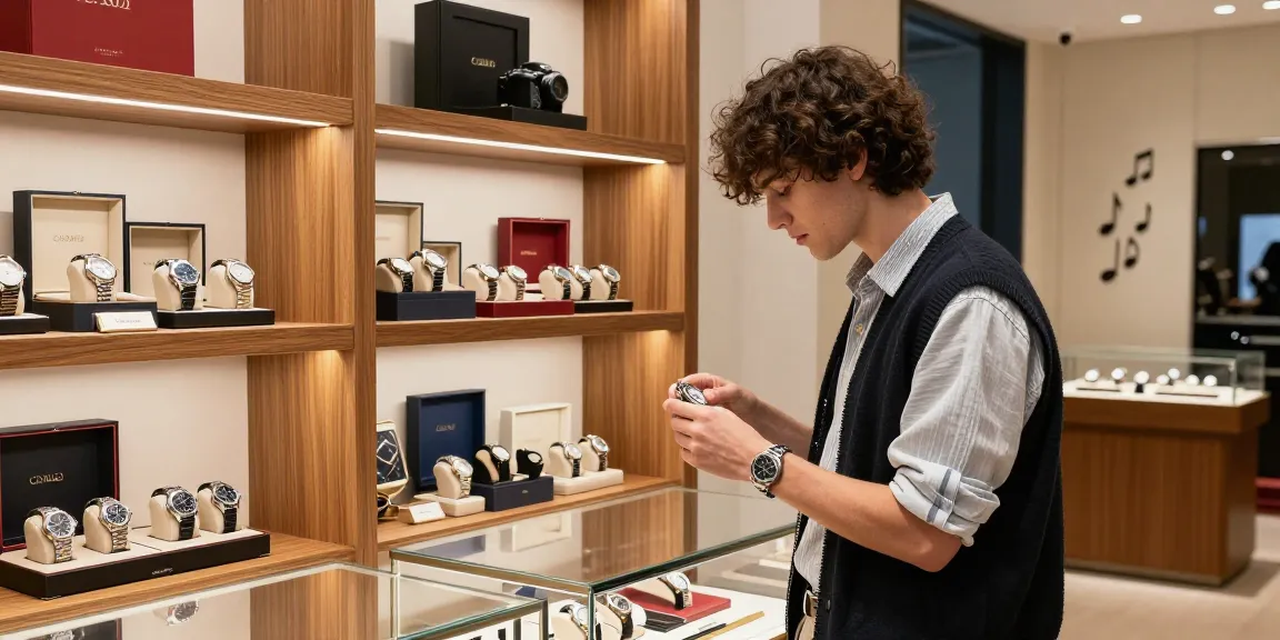 Engaging shopper examining 시계 레플리카 watches in an upscale retail setting.