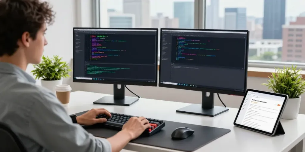 Programming workspace showcasing Notepad++ coding interface at https://notepad-app.co/ with monitors displaying syntax highlighting.