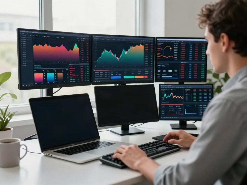 Trader using TradingView for market analysis in a modern workspace