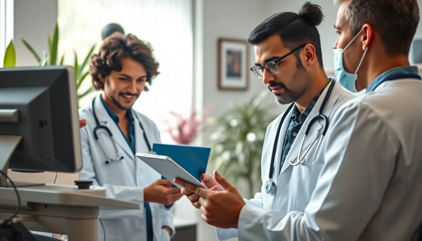 YourGP professionals discussing patient care in a modern healthcare setting.