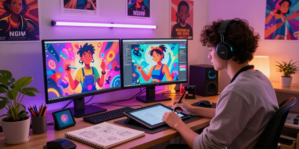 Creating imaginative NSFW AI art in a vibrant digital studio.