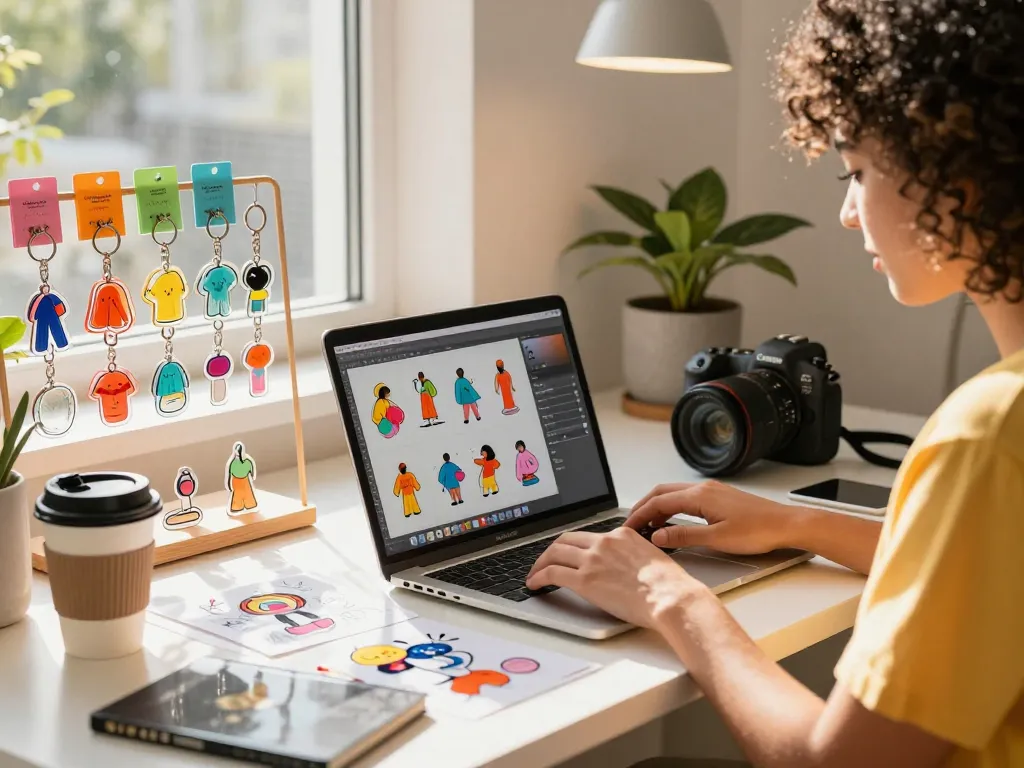Custom acrylic keychain custom displayed on a stylish desk with vibrant colors and design tools.