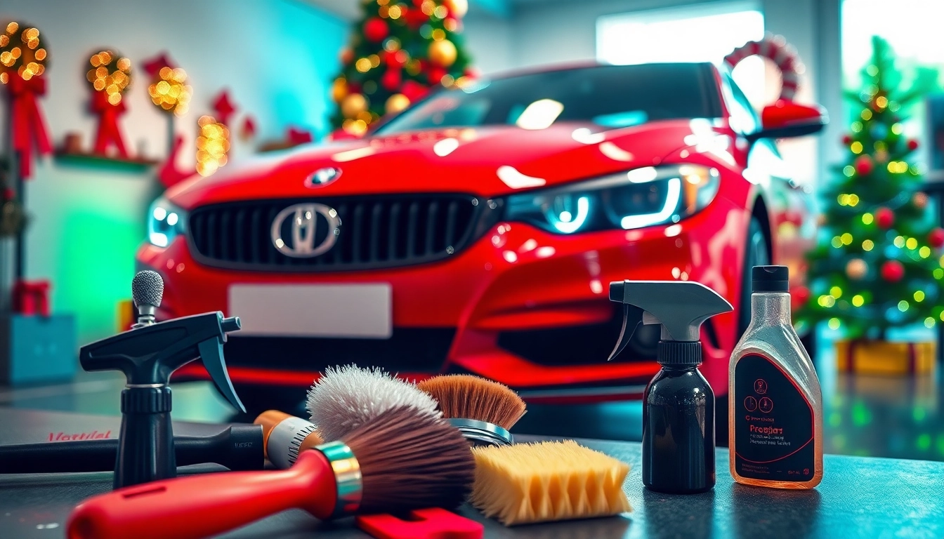 Create the perfect Christmas car detailing gift with festive tools and decorations.