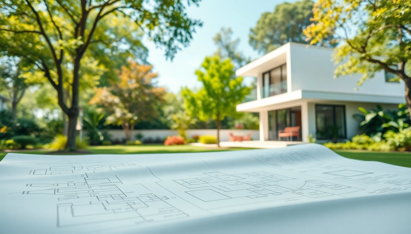 Start a residential architecture project with a detailed blueprint of a modern house surrounded by greenery.