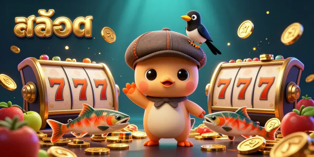 Experience thrilling gameplay with สล็อต featuring 3D cartoon characters interacting with dynamic slot elements and shiny gold coins.
