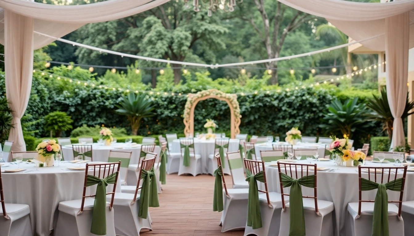 Stunning table & chair rentals arranged elegantly for an outdoor event with floral decorations.