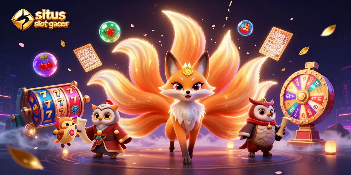 Engage with situs slot gacor featuring a nine-tailed fox spirit and lucky slot elements in a vibrant casino scene.