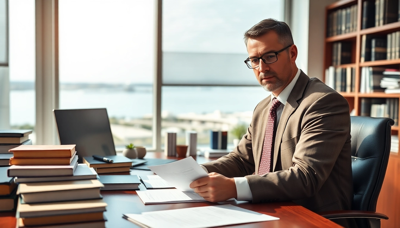 Truck accident attorney Clearwater reviewing legal documents in a professional office.