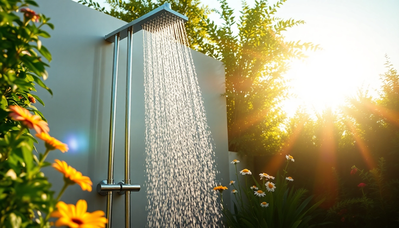 Transform your outdoor experience with sunny shower usa inc's modern shower designs amidst lush greenery.