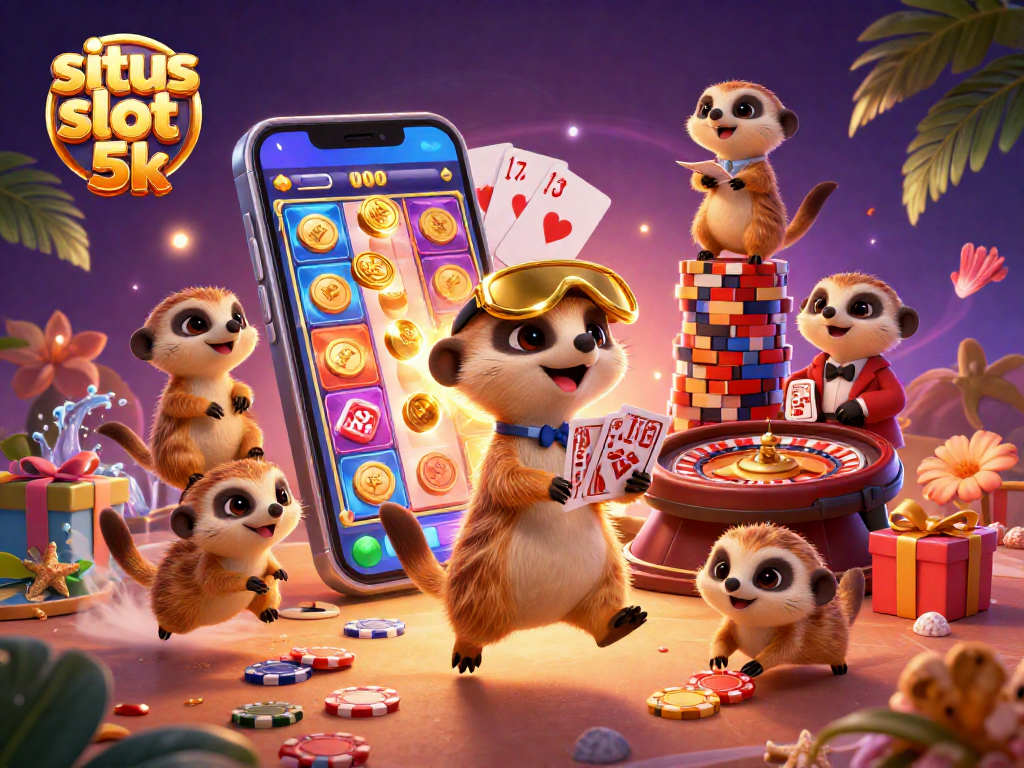 Engage with situs slot 5k in a lively 3D cartoon illustration of meerkats managing a casino.