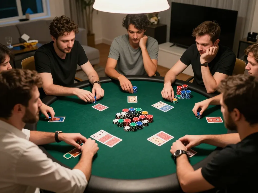 Players engaged in an intense poker game at home representing the hidden wiki environment for strategic gaming