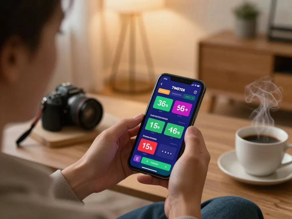 Person strategizing their 7meter parlay bets on a smartphone in a cozy home setting.