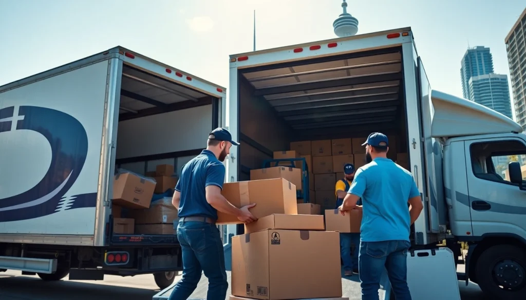 Efficient team delivering Toronto moving services while packing and loading a moving truck against the city skyline.