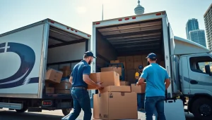 Efficient team delivering Toronto moving services while packing and loading a moving truck against the city skyline.
